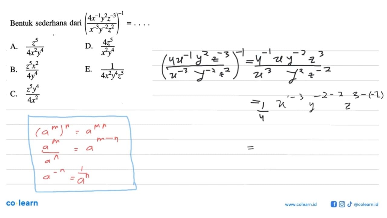 Bentuk sederhana dari ((4x^-1 y^2 z^-3)/(x^-3 y^-2 z^2))^-1