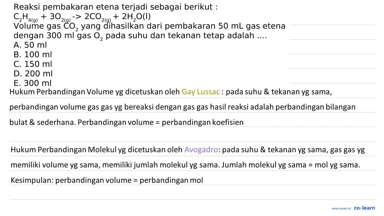 Reaksi pembakaran etena terjadi sebagai berikut: C2 H4(g)+3