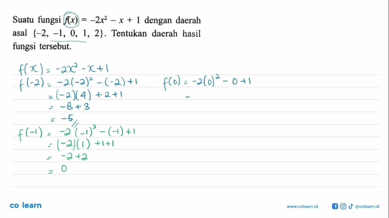 Suatu fungsi f(x) = -2x^2 - x + 1 dengan daerah asal {-2,