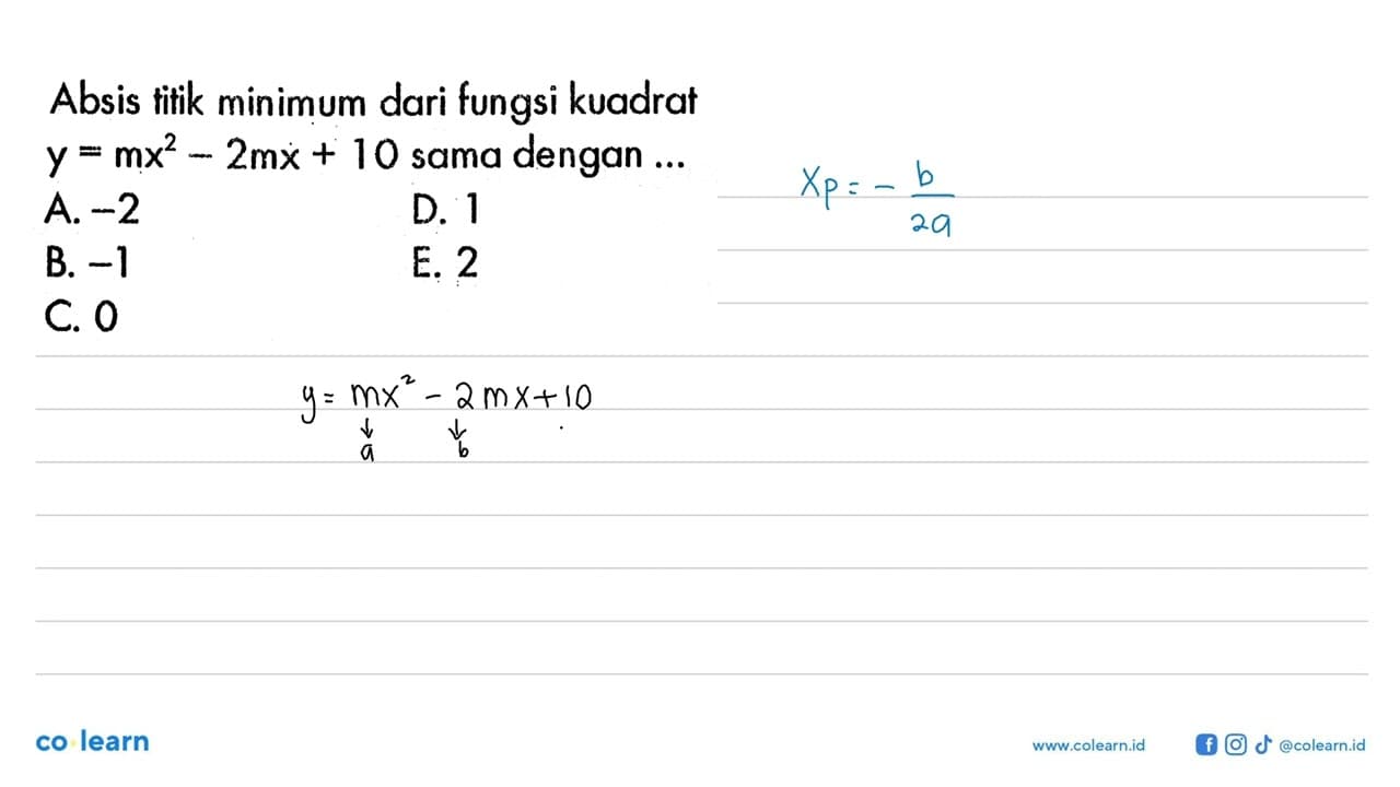 Absis titik minimum dari fungsi kuadrat y=mx^2-2 mx+10 sama