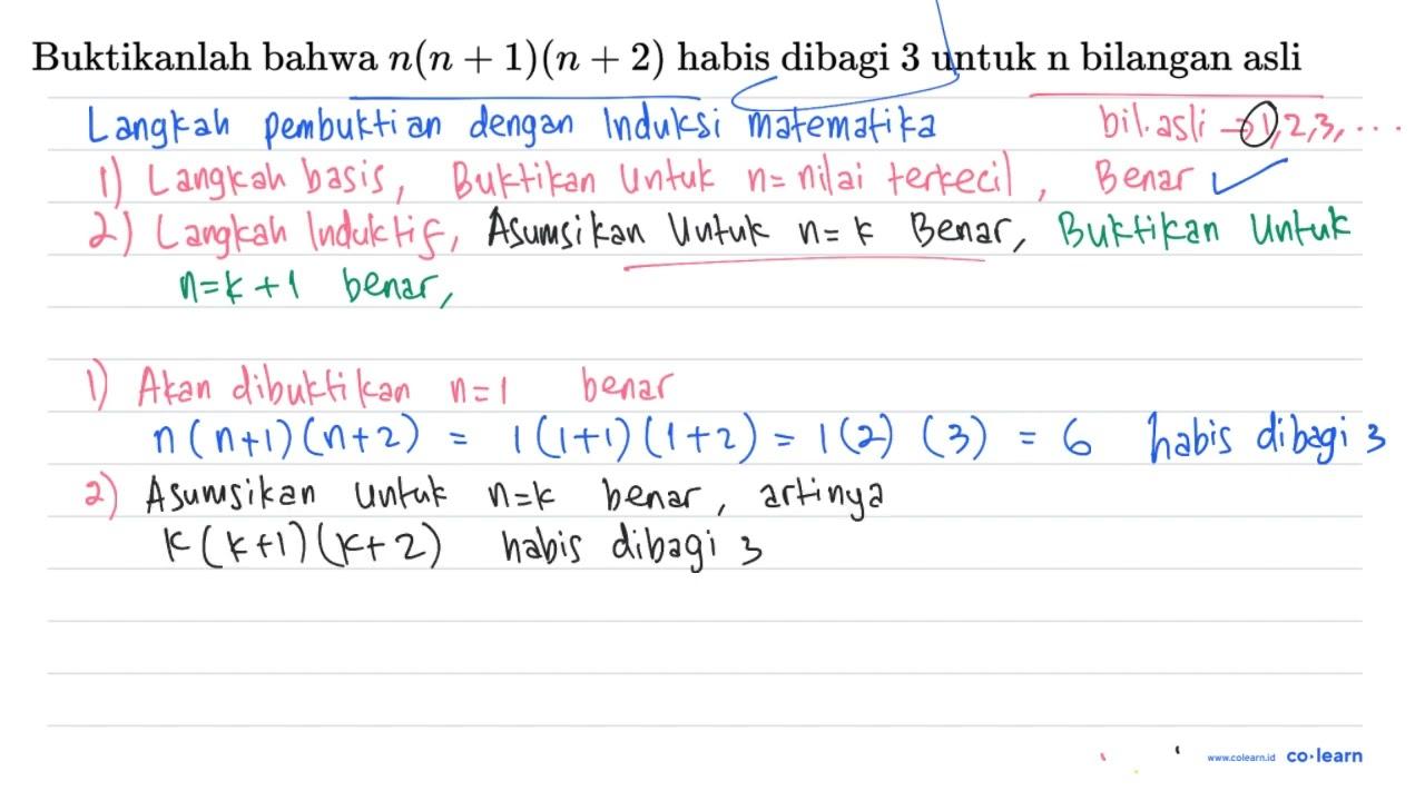 Buktikanlah bahwa n(n+1)(n+2) habis dibagi 3 untuk n