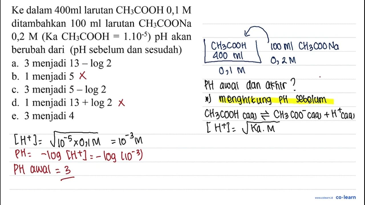 Ke dalam 400ml larutan CH_(3) COOH 0,1 M ditambahkan 100 ml