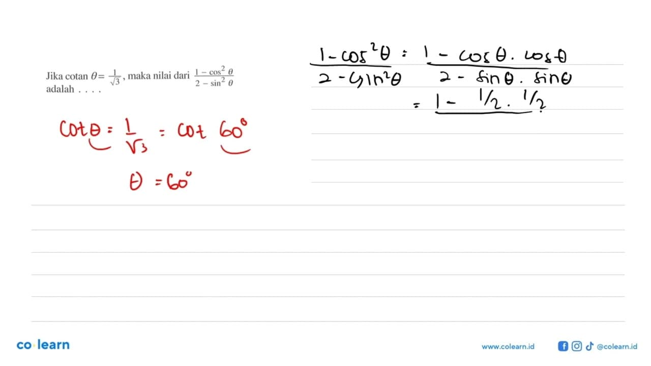 Jika cotan theta=1/akar(3), maka nilai dari