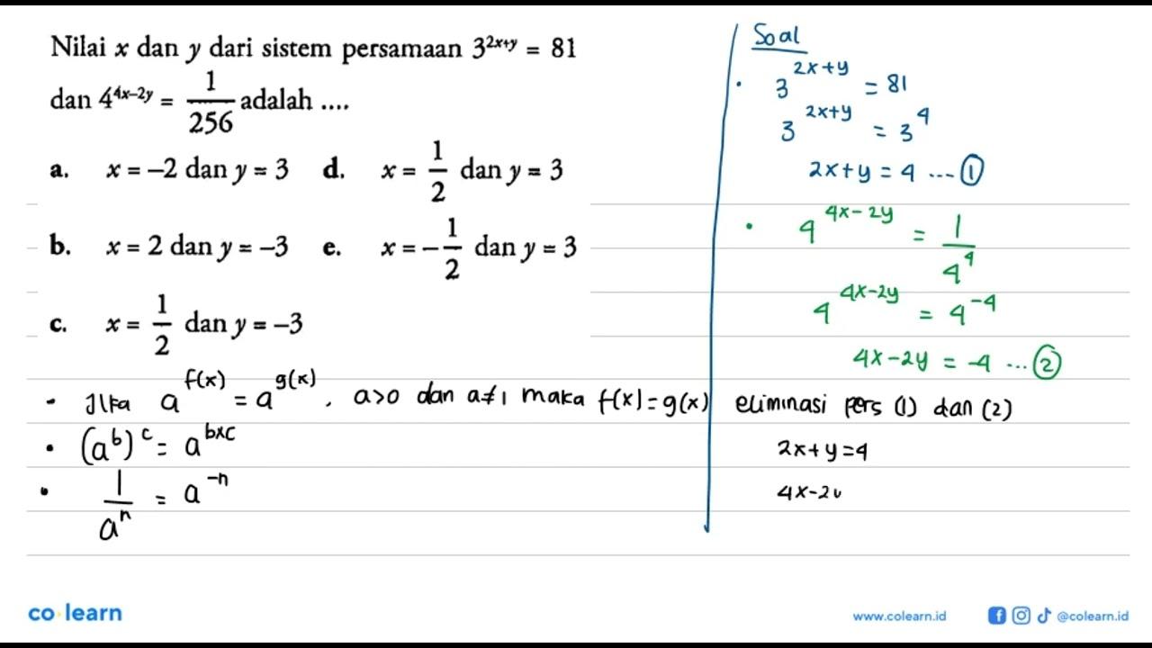 Nilai x dan y dari sistem persamaan 3^(2x+y)=81 dan