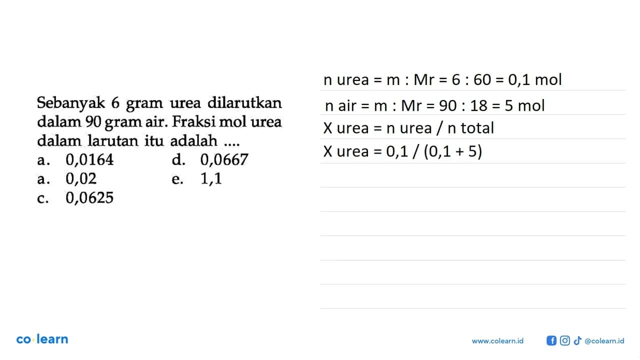Sebanyak 6 gram urea dilarutkan dalam 90 gram air. Fraksi