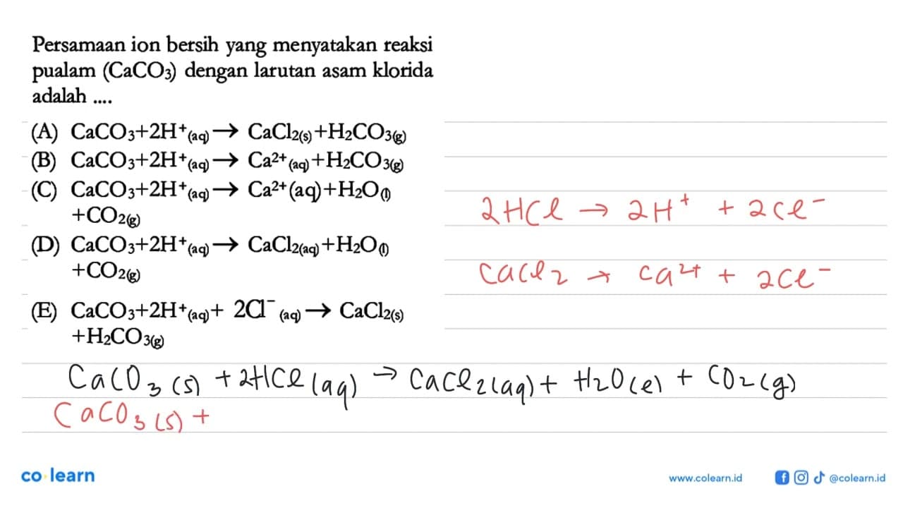 Persamaan ion bersih yang menyatakan reaksi pualam (CaCO3)