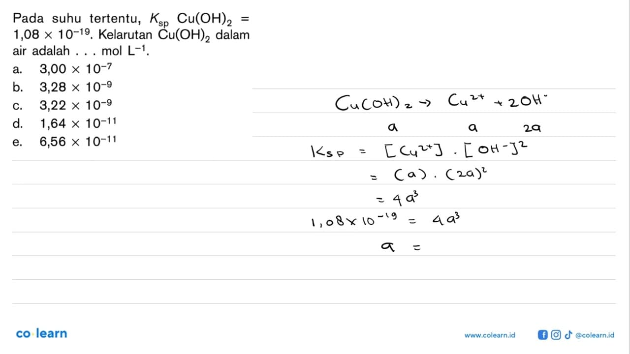 Pada suhu tertentu, Ksp Cu(OH)2=1,08 x 10^(-19). Kelarutan