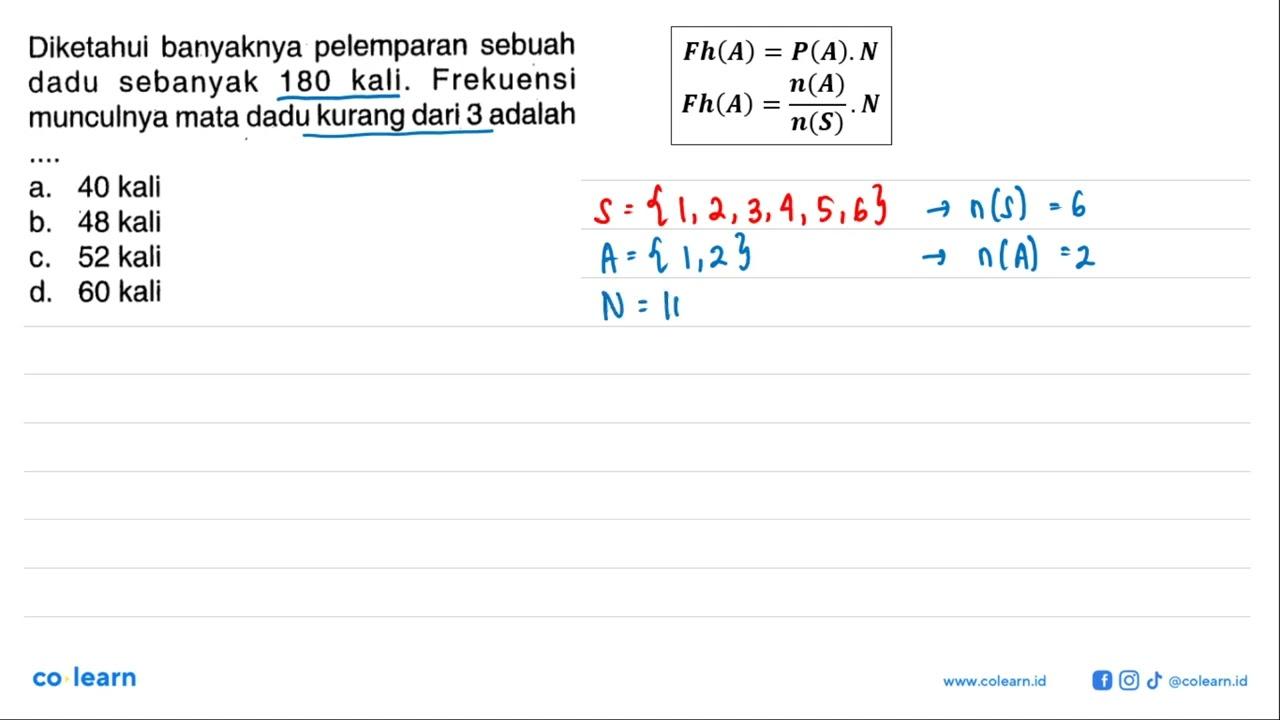 Diketahui banyaknya pelemparan sebuah dadu sebanyak180