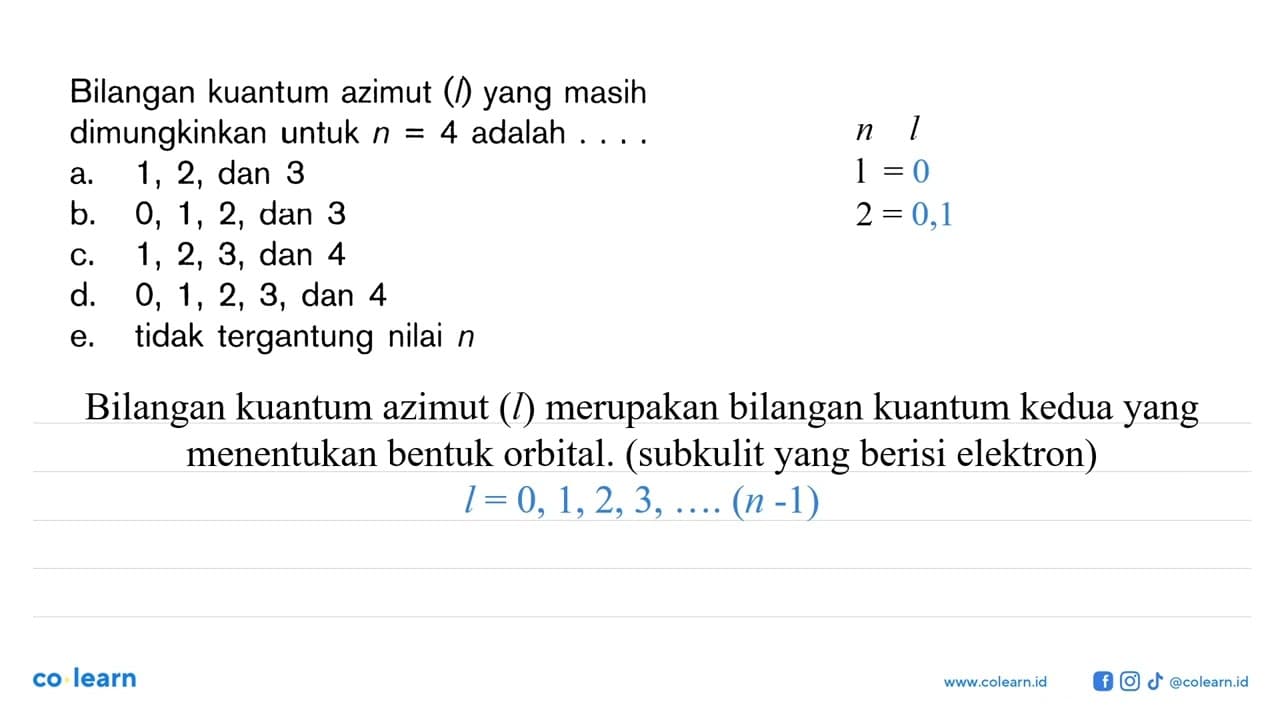 Bilangan kuantum azimut (l) yang masih dimungkinkan untuk n