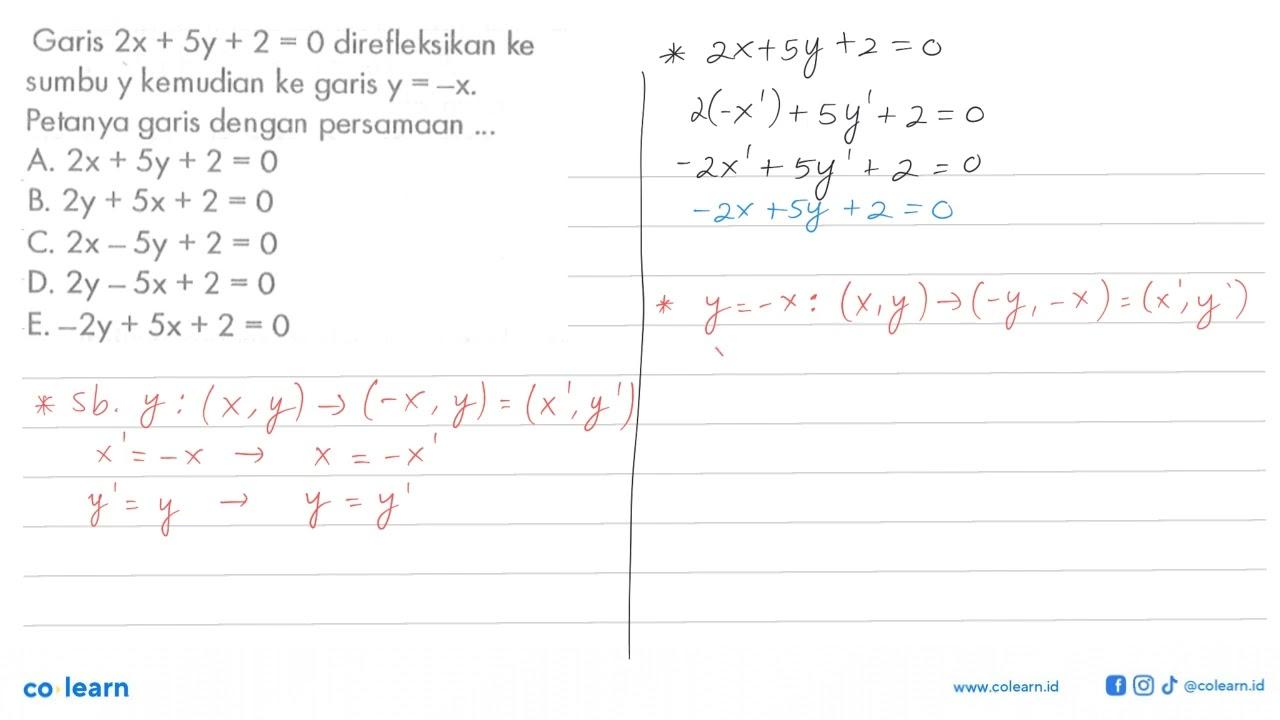 Garis 2x+5y+2=0 direfleksikan ke sumbu y kemudian ke garis