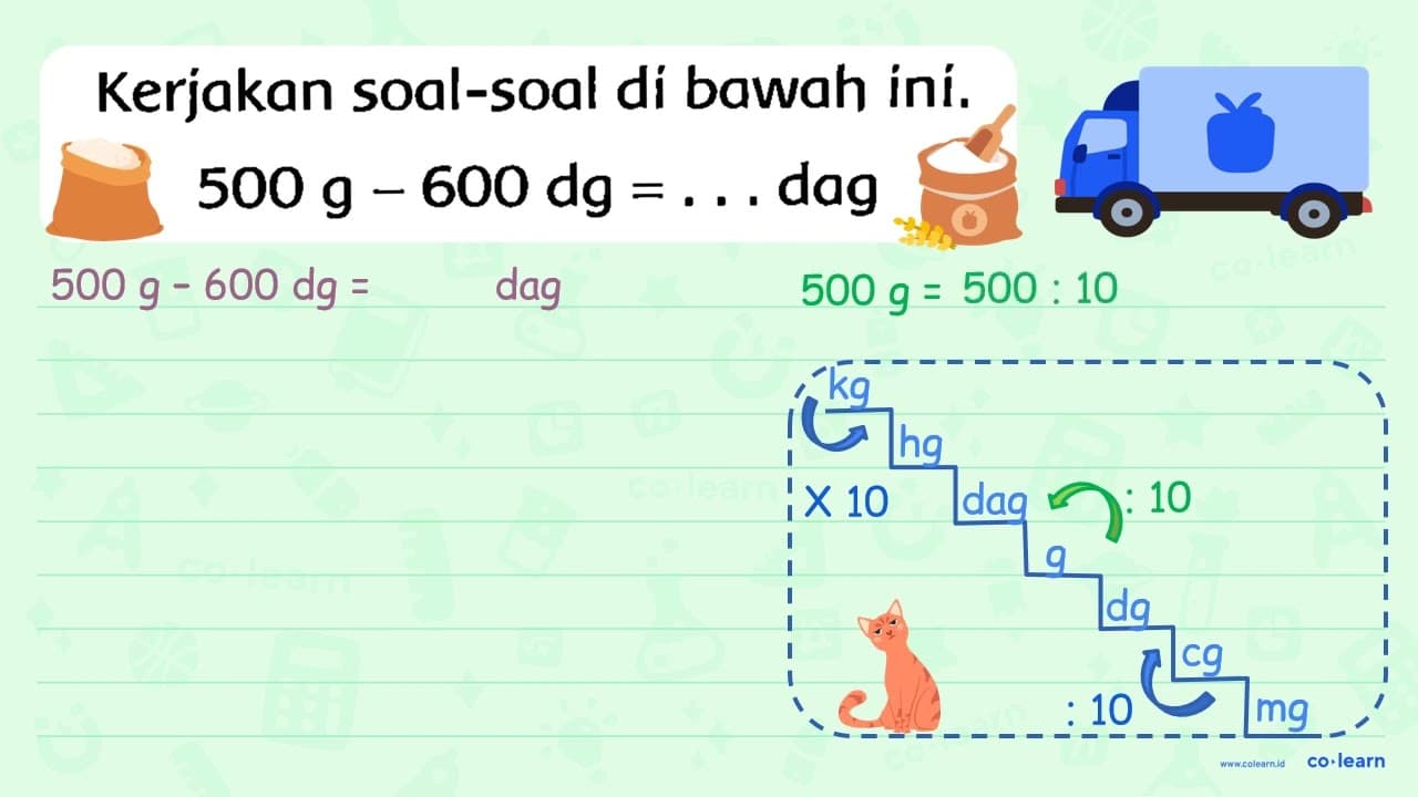 Kerjakan soal-soal di bawah iní. 500 g-600 dg=... { dag )