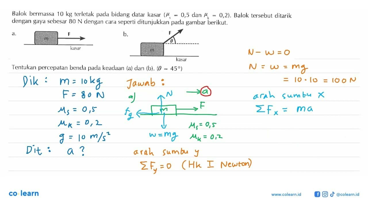 Balok bermassa 10 kg terletak pada bidang datar kasar (mu