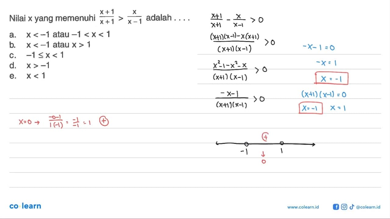 Nilai x yang memenuhi (x+1)/(x+1) > x/(x-1) adalah....