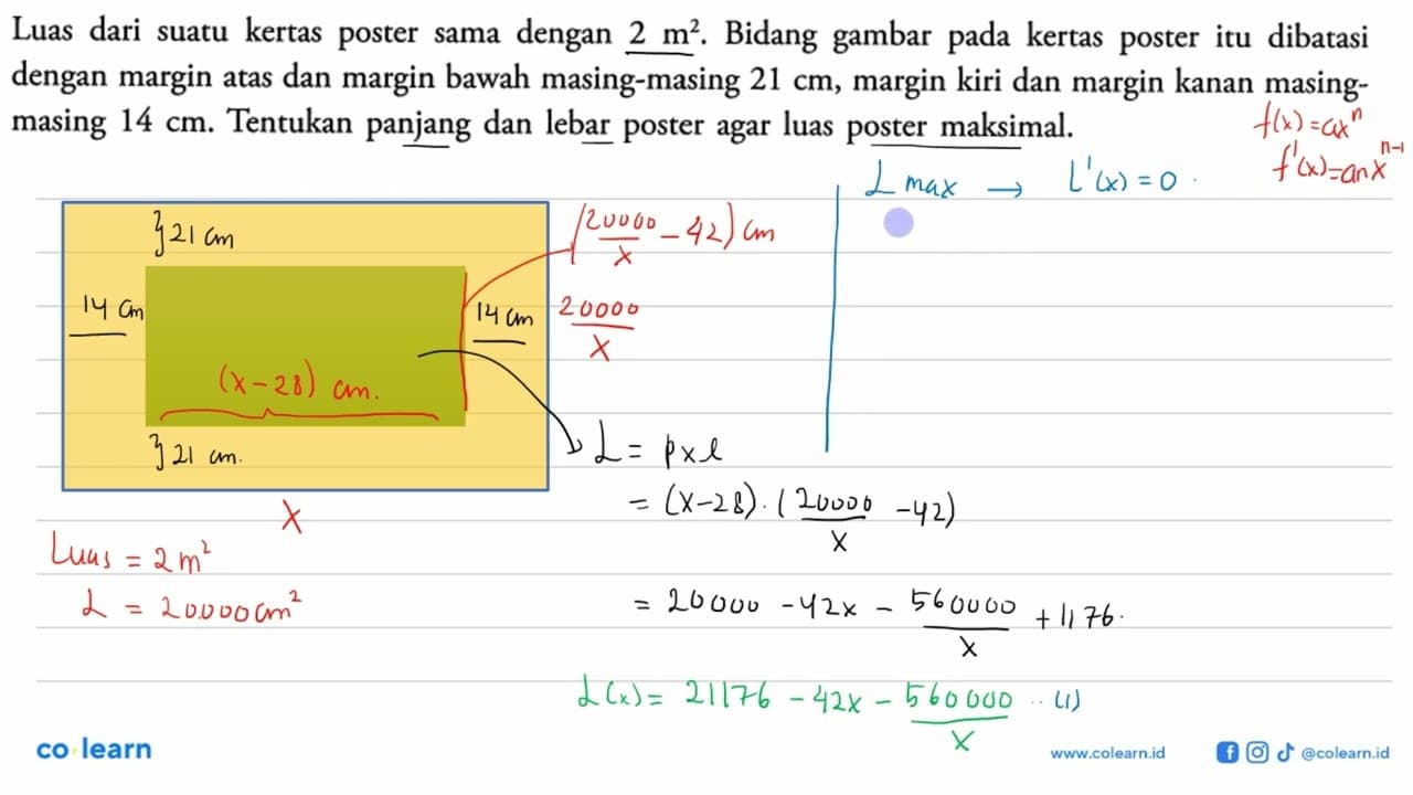 Luas dari suatu kertas poster sama dengan 2 m^2. Bidang