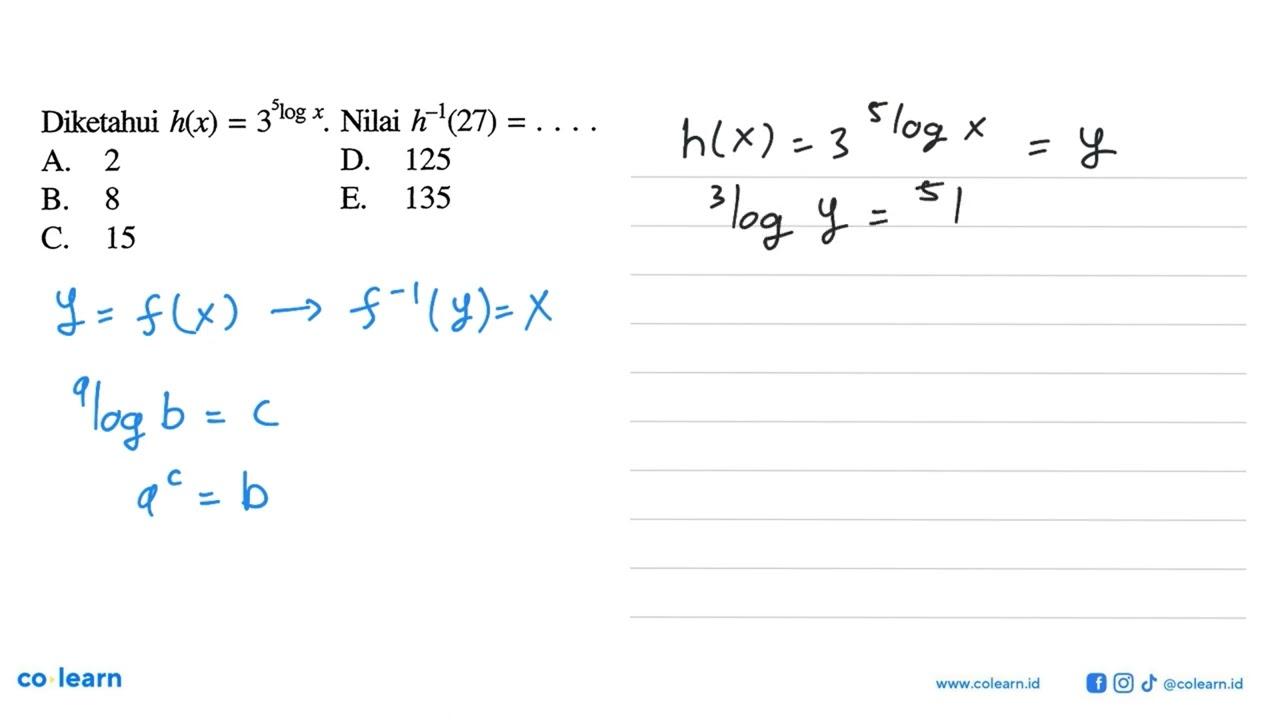 Diketahui h(x)=3^5 log x . Nilai h^(-1)(27)=...