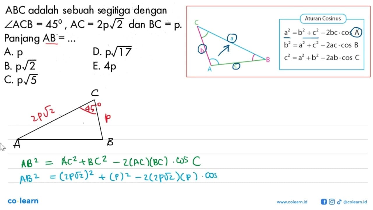 ABC adalah sebuah segitiga dengan sudut ACB=45, AC=2p