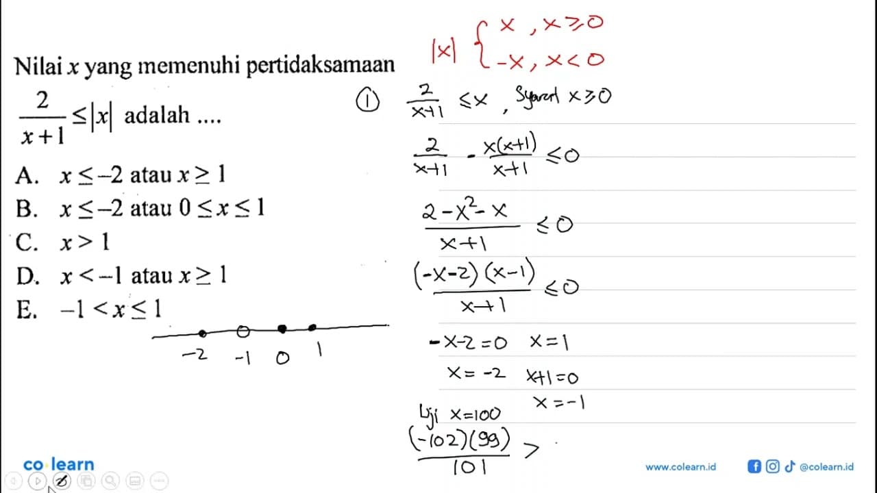 Nilai x yang memenuhi pertidaksamaan 2/(x+1)<=|x| adalah