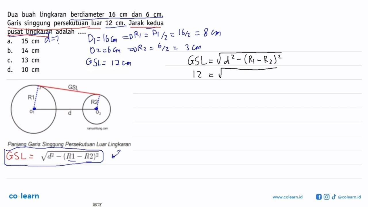 Dua buah lingkaran berdiameter 16 cm dan 6 cm. Garis