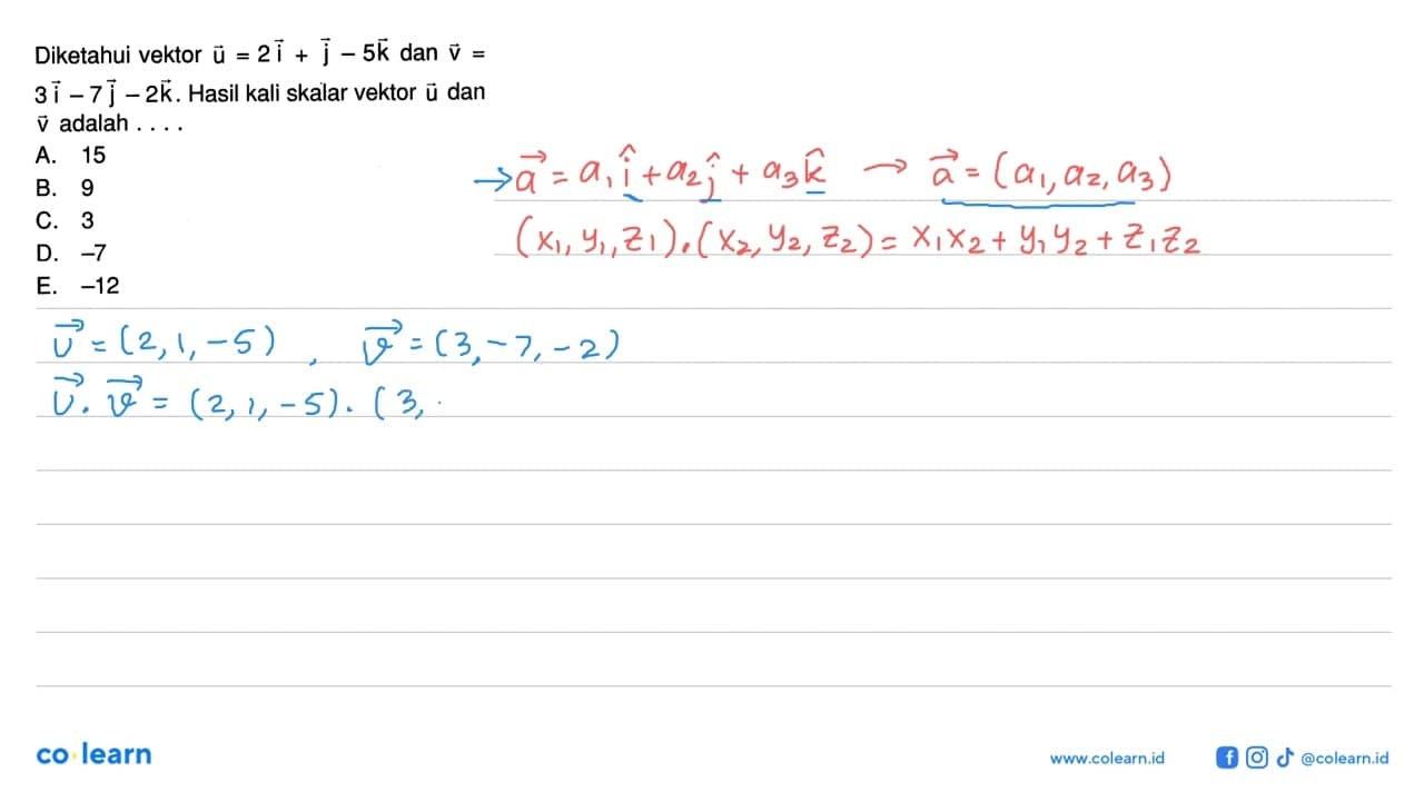 Diketahui vektor u=2i+j-5k dan vektor v=3i-7j-2k. Hasil