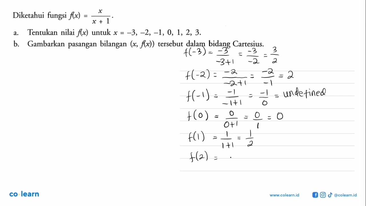 Diketahui fungsi f(x)=x/(x+1).a. Tentukan nilai f(x) untuk