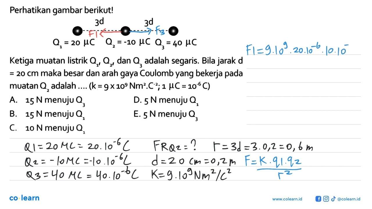 Perhatikan gambar berikut! 3d 3d Q1=20 mu C Q2=-10 mu C