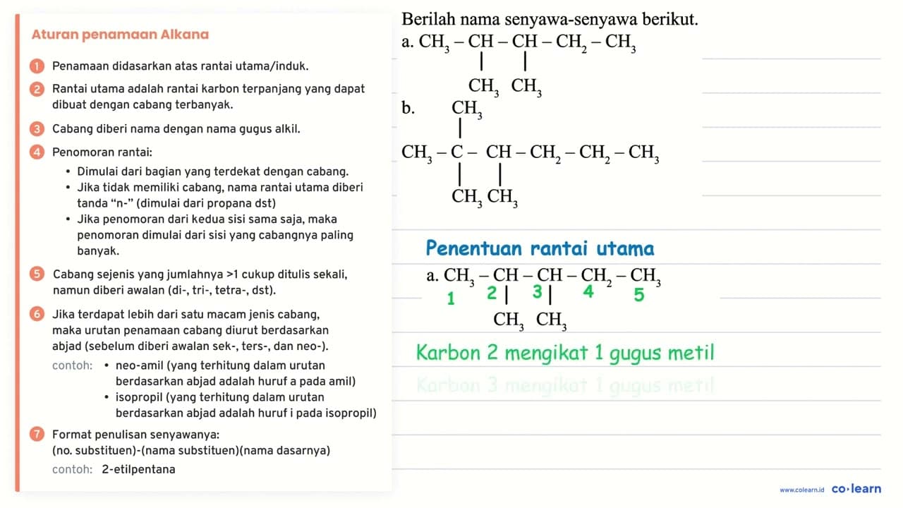 Berilah nama senyawa-senyawa berikut. a. CCC(C)C(C)C b.