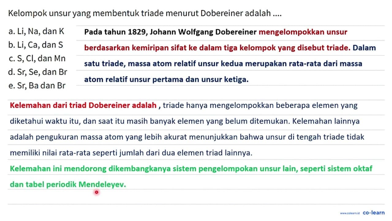 Kelompok unsur yang membentuk triade menurut Dobereiner