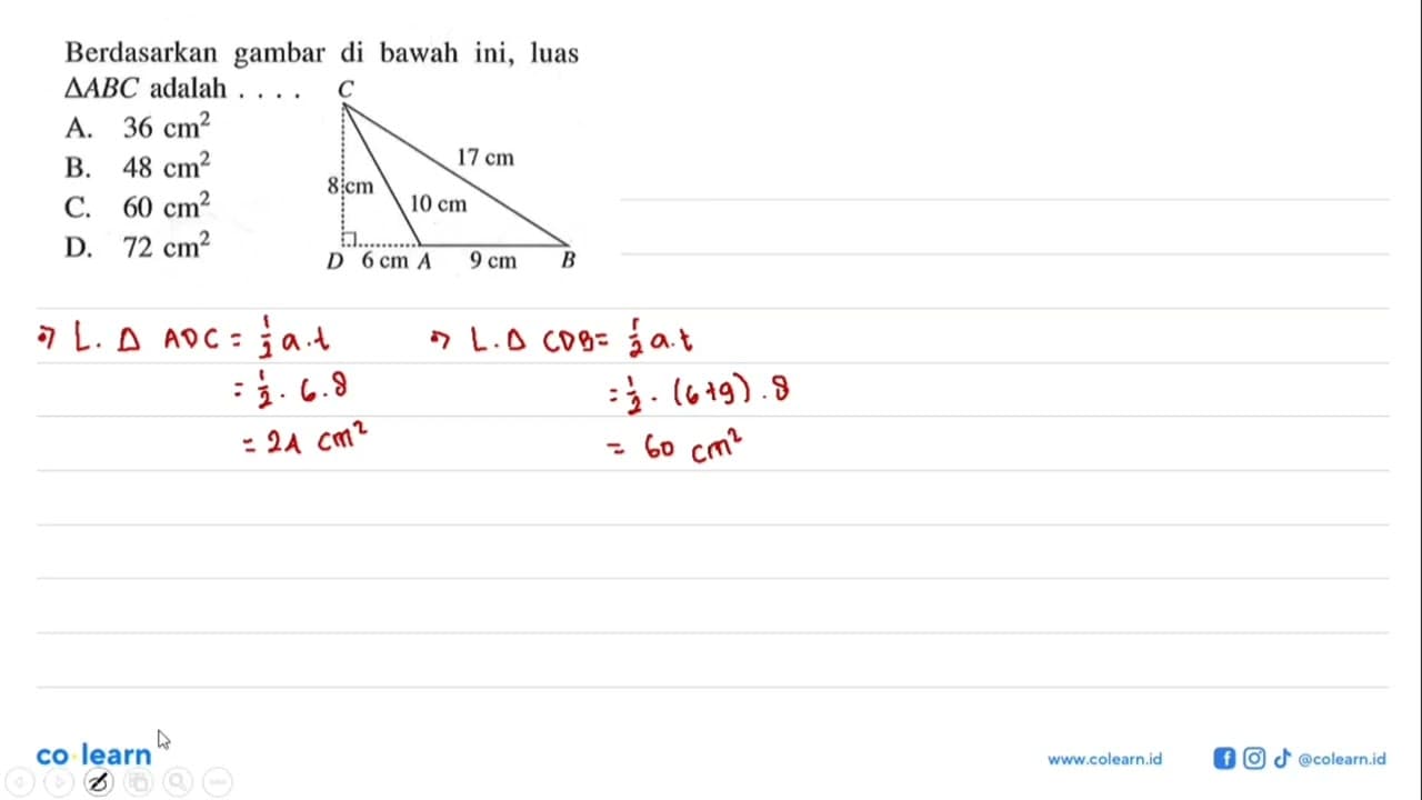 Berdasarkan gambar di bawah ini, luas segitiga ABC adalah
