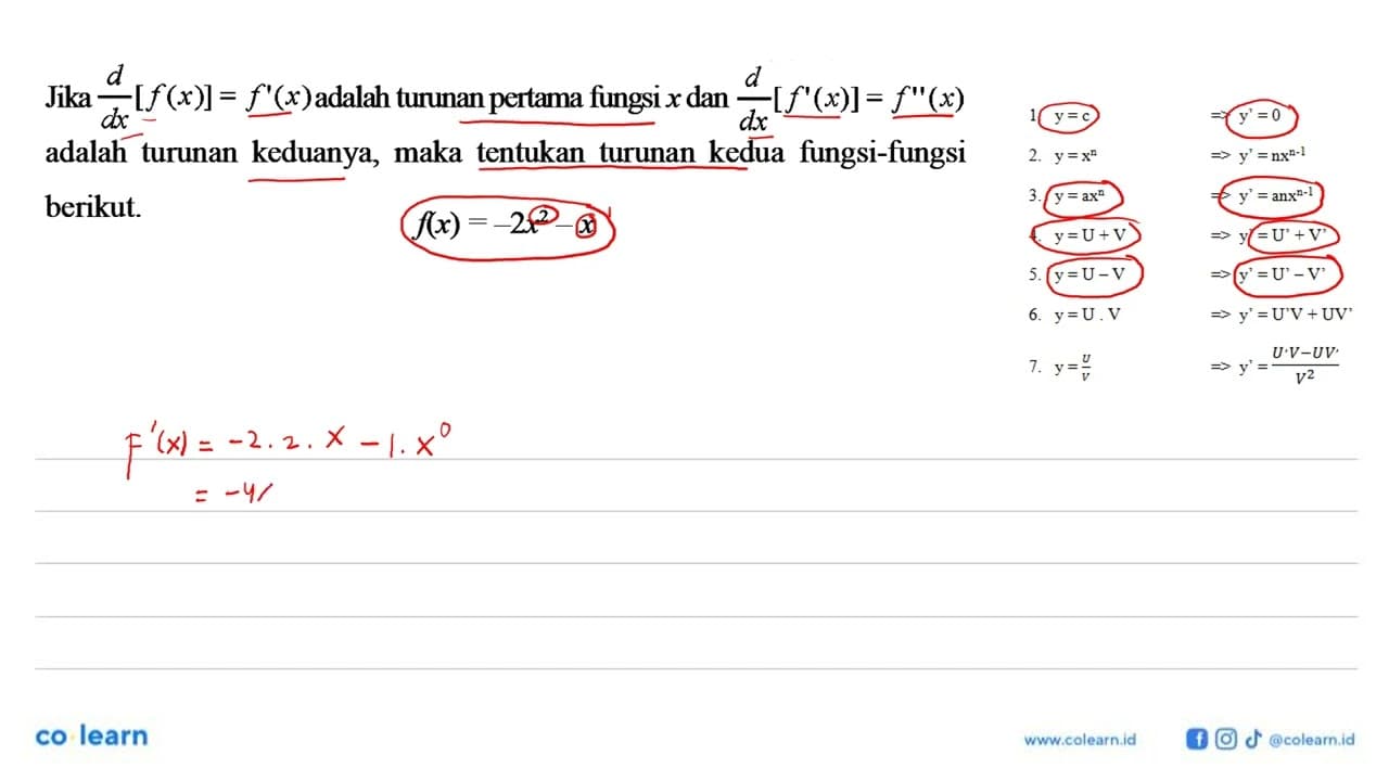 Jika d/dx[f(x)]=f'(x) adalah turunan pertama fungsi x dan