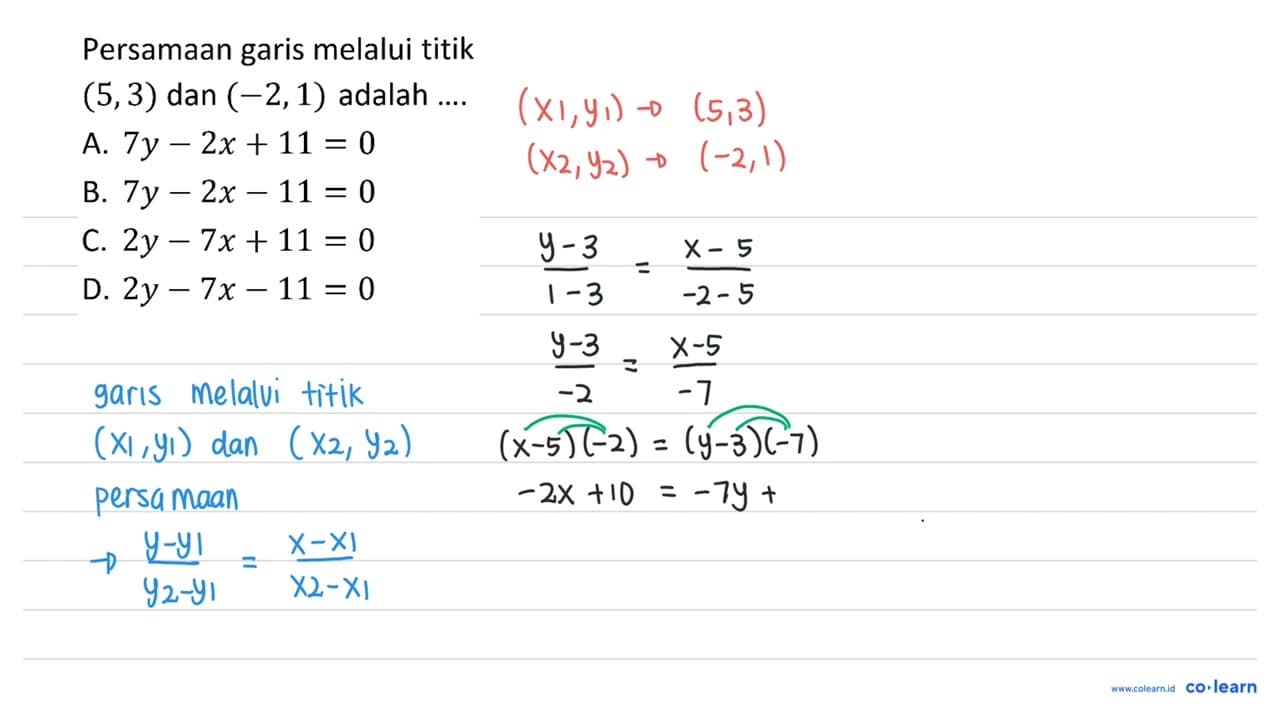 Persamaan garis melalui titik (5,3) dan (-2,1) adalah A. 7