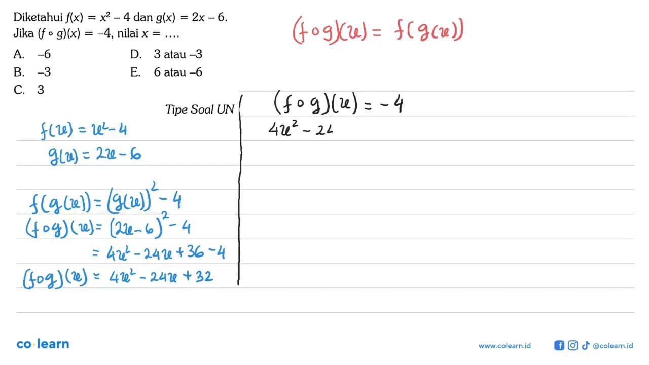 Diketahui f(x)=x^2-4 dan g(x)=2x-6. Jika (fog)(x)=-4 ,