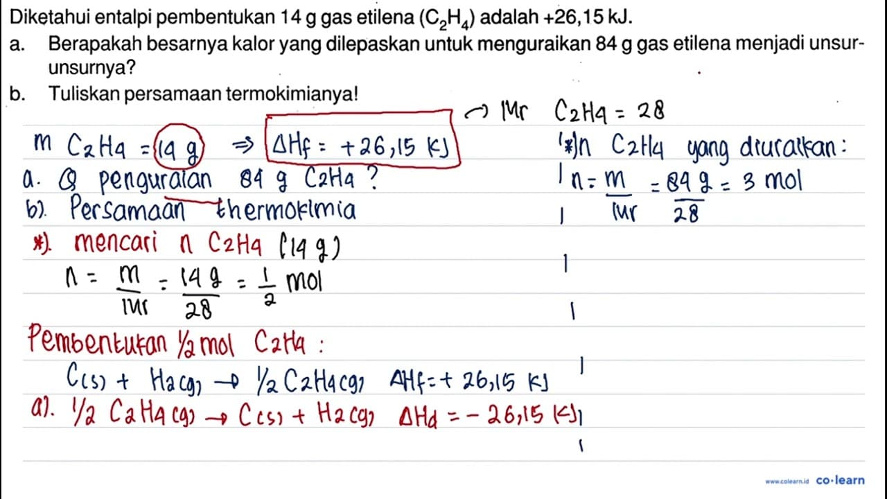 Diketahui entalpi pembentukan 14 g gas etilena (C2H4)