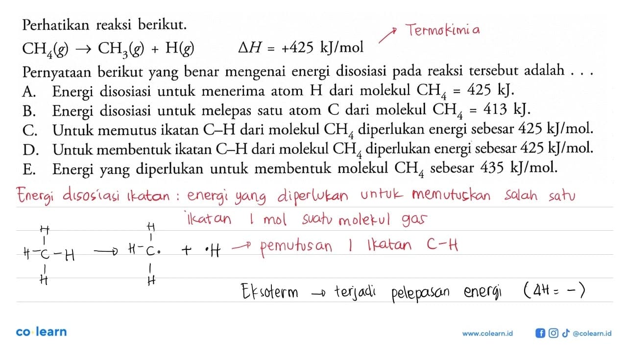 Perhatikan reaksi berikut. CH4 (g) -> CH3 (g) + H (g) delta