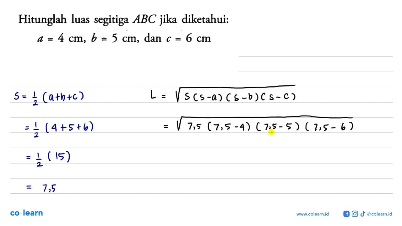 Hitunglah luas segitiga ABC jika diketahui:a=4 cm, b=5 cm ,