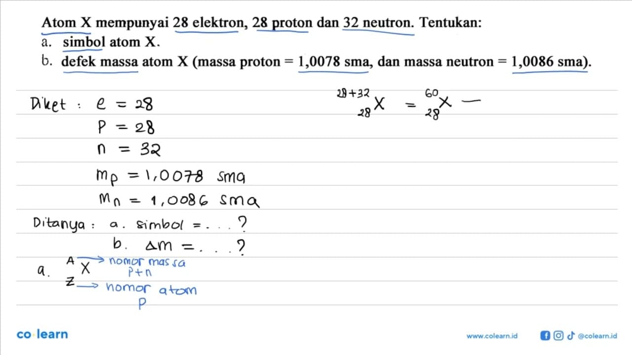 Atom X mempunyai 28 elektron, 28 proton dan 32 neutron.