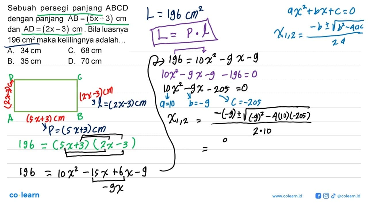 Sebuah persegi panjang ABCD dengan panjang AB=(5x+3) cm dan