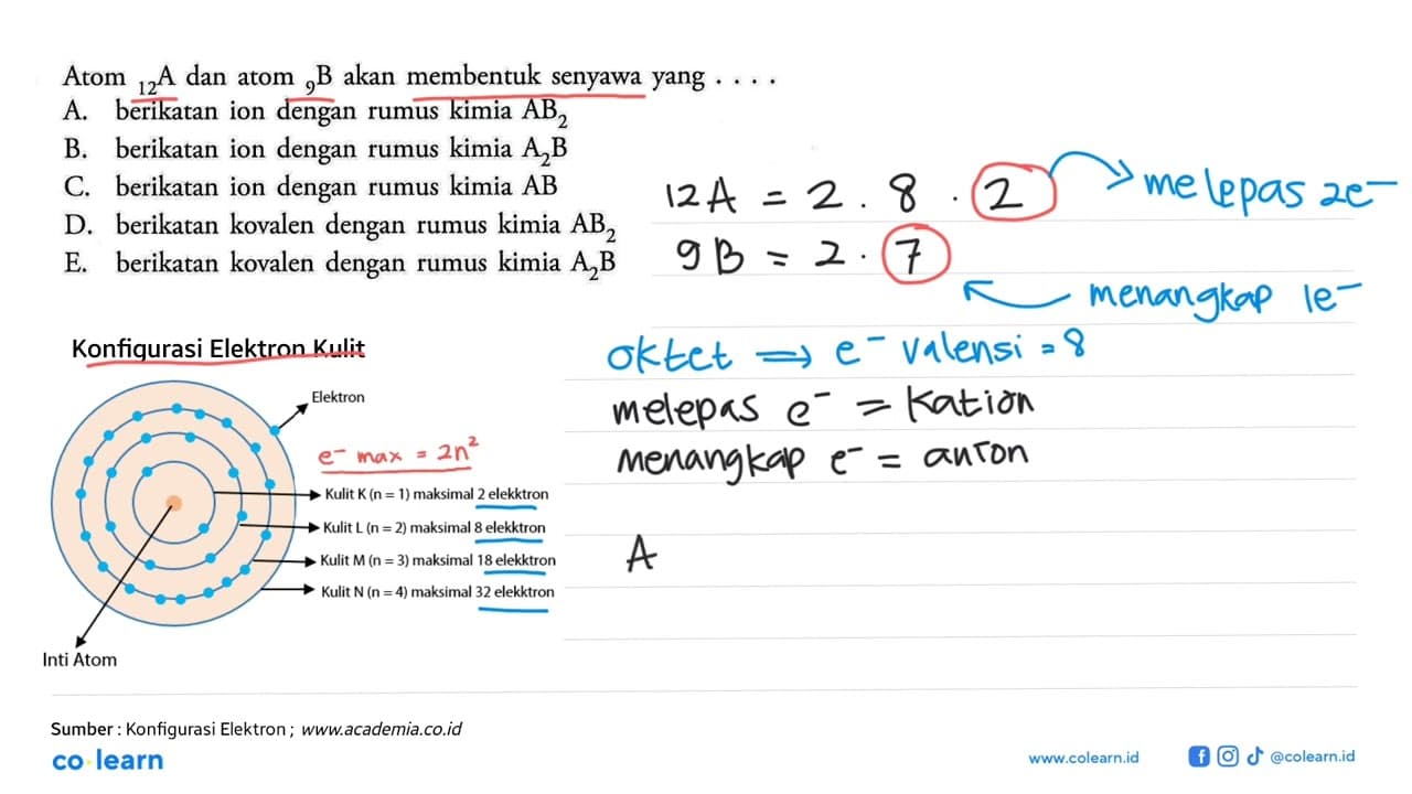 Atom 12 A dan atom 9 B akan membentuk senyawa yang .... A.