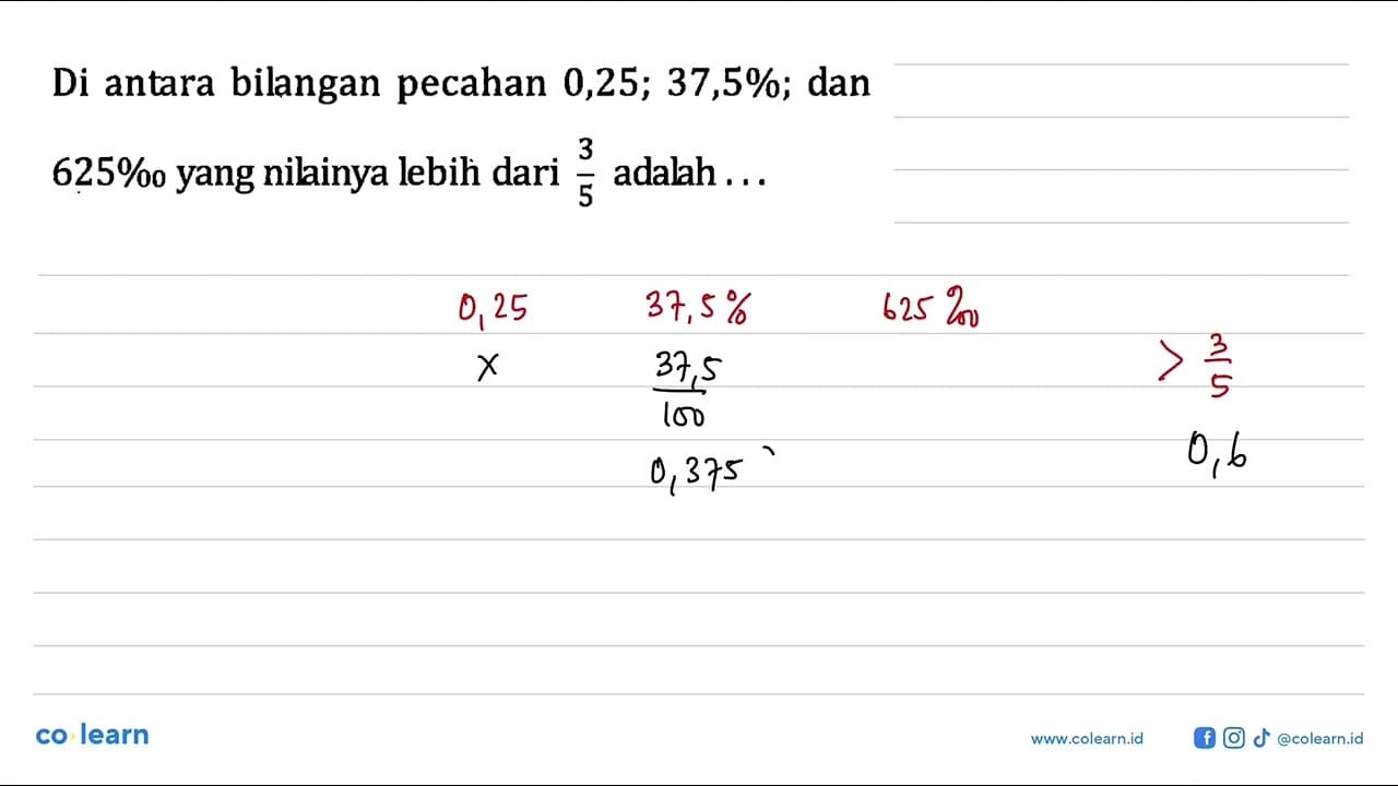 Di antara bilangan pecahan 0,25; 37,5%; dan 625 perseribu