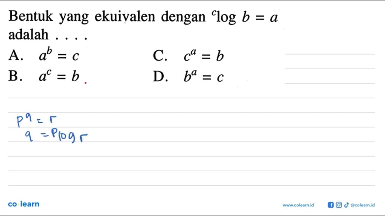 Bentuk yang ekuivalen dengan clogb=a adalah ....