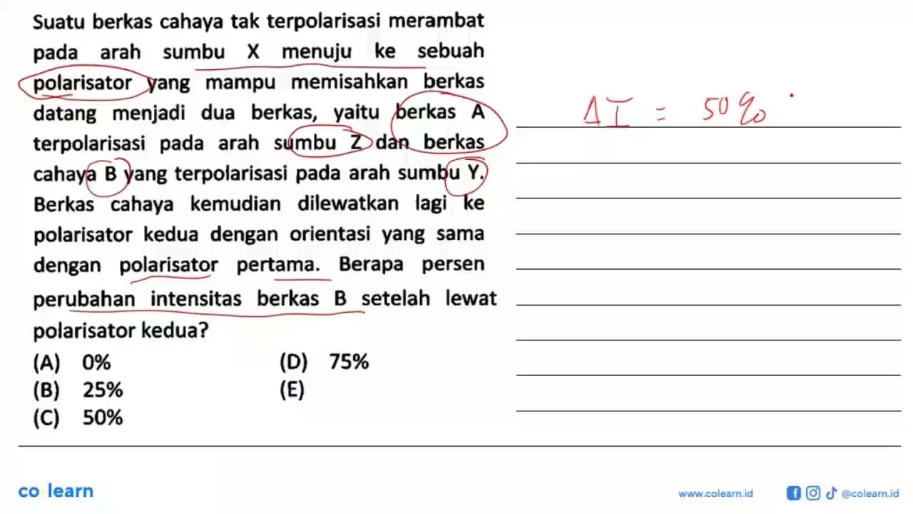 Suatu berkas cahaya tak terpolarisasi merambat pada arah