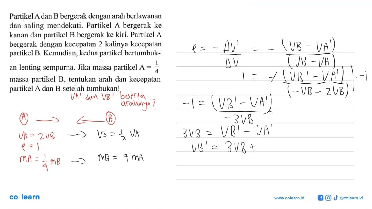 Partikel A dan B bergerak dengan arah berlawanan dan saling