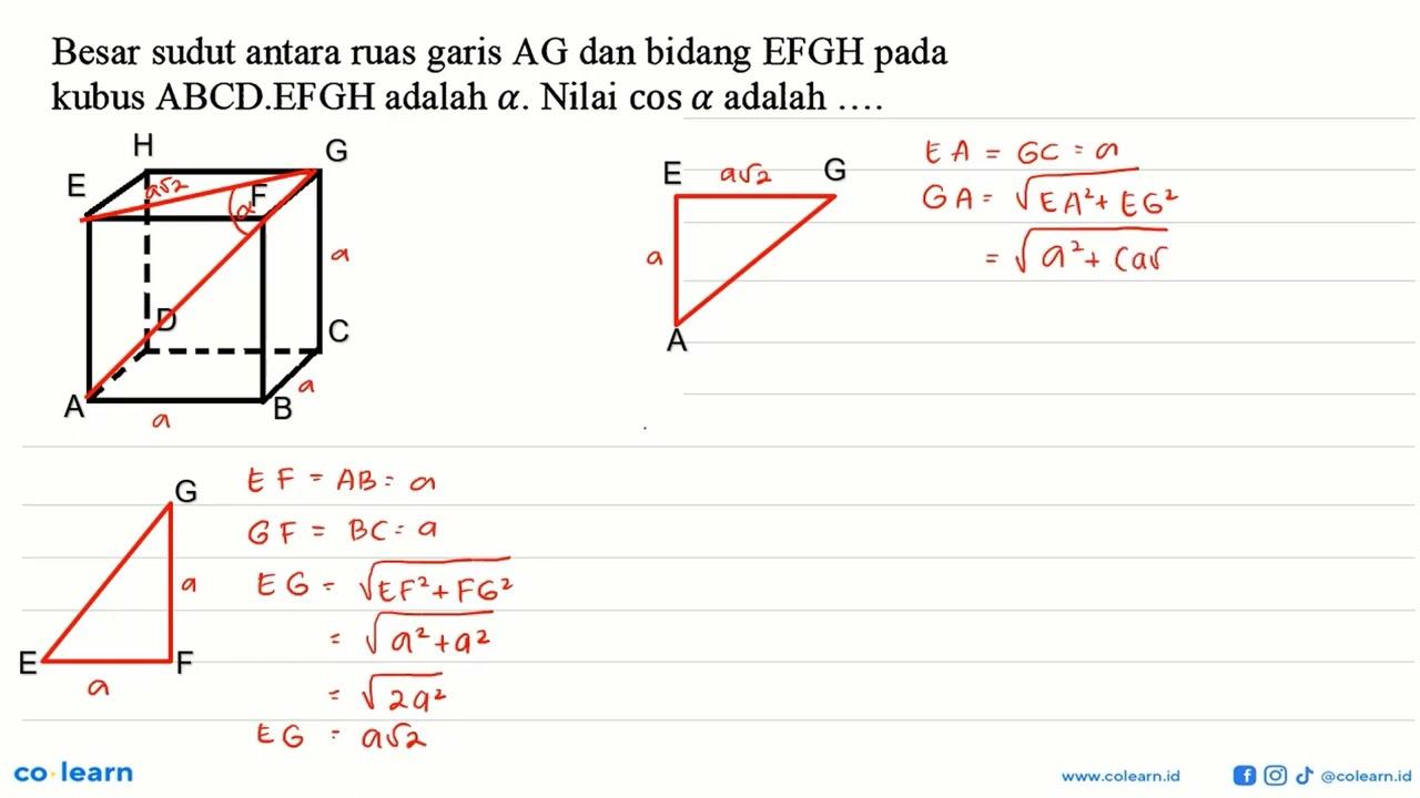 Besar sudut antara ruang garis AG dan bidang EFGH pada