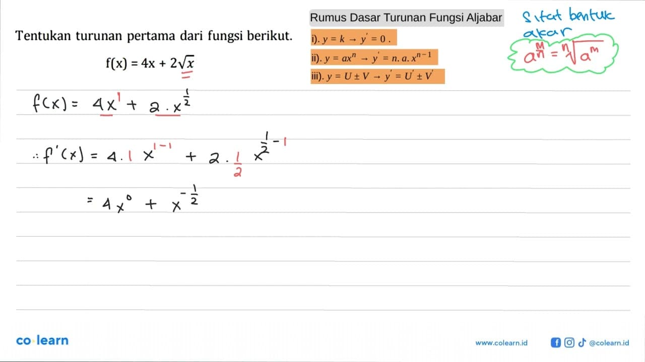 Tentukan turunan pertama dari fungsi berikut.f(x)=4x+2