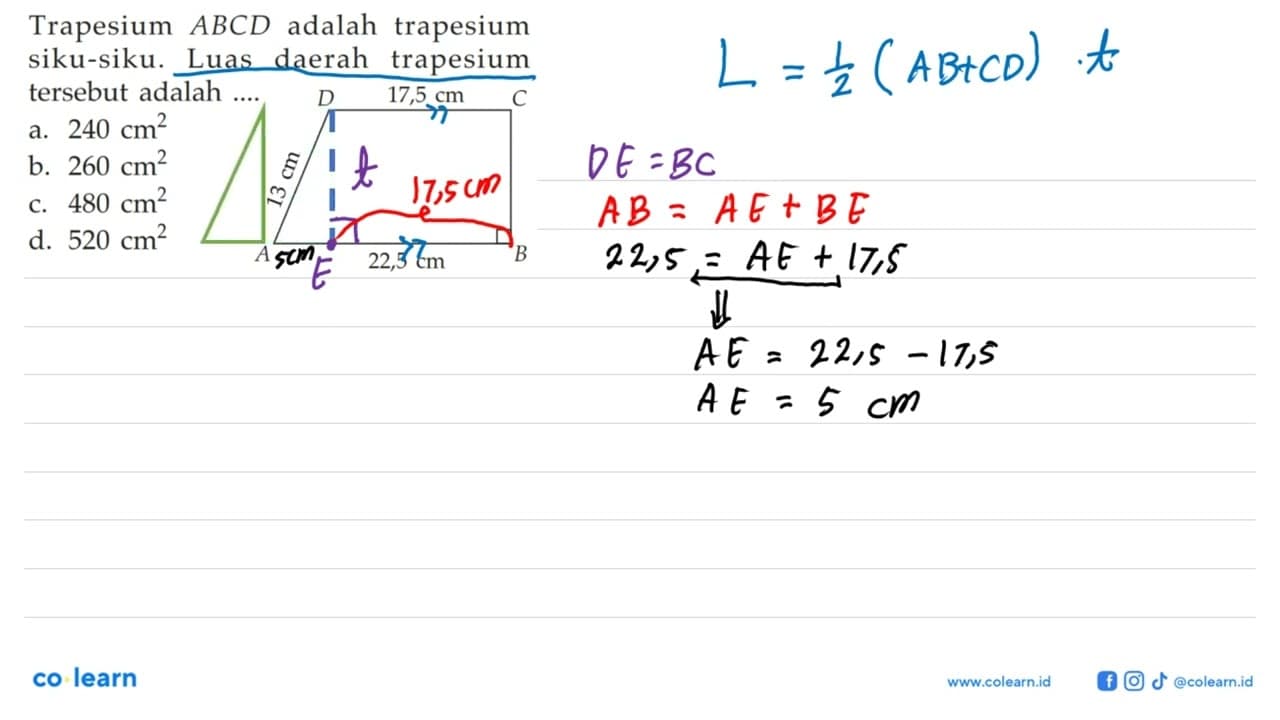 Trapesium ABCD adalah trapesium siku-siku. Luas daerah