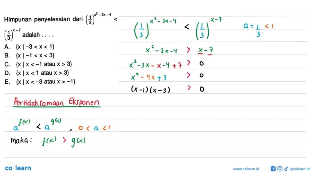 Himpunan penyelesaian dari (1/3)^(x^2-3x-4)<(1/3)^(x-7)