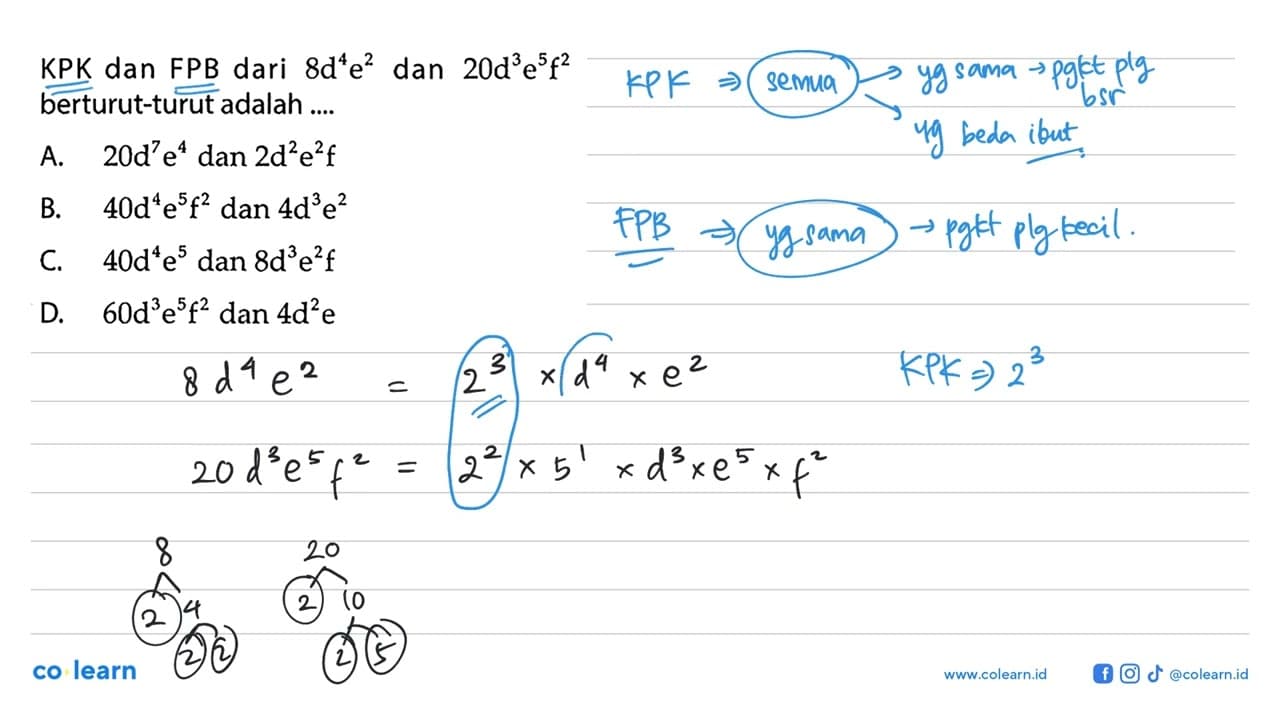 KPK dan FPB dari 8d^4 e^2 dan 20 d^3 e^5 f^2 berturut-turut