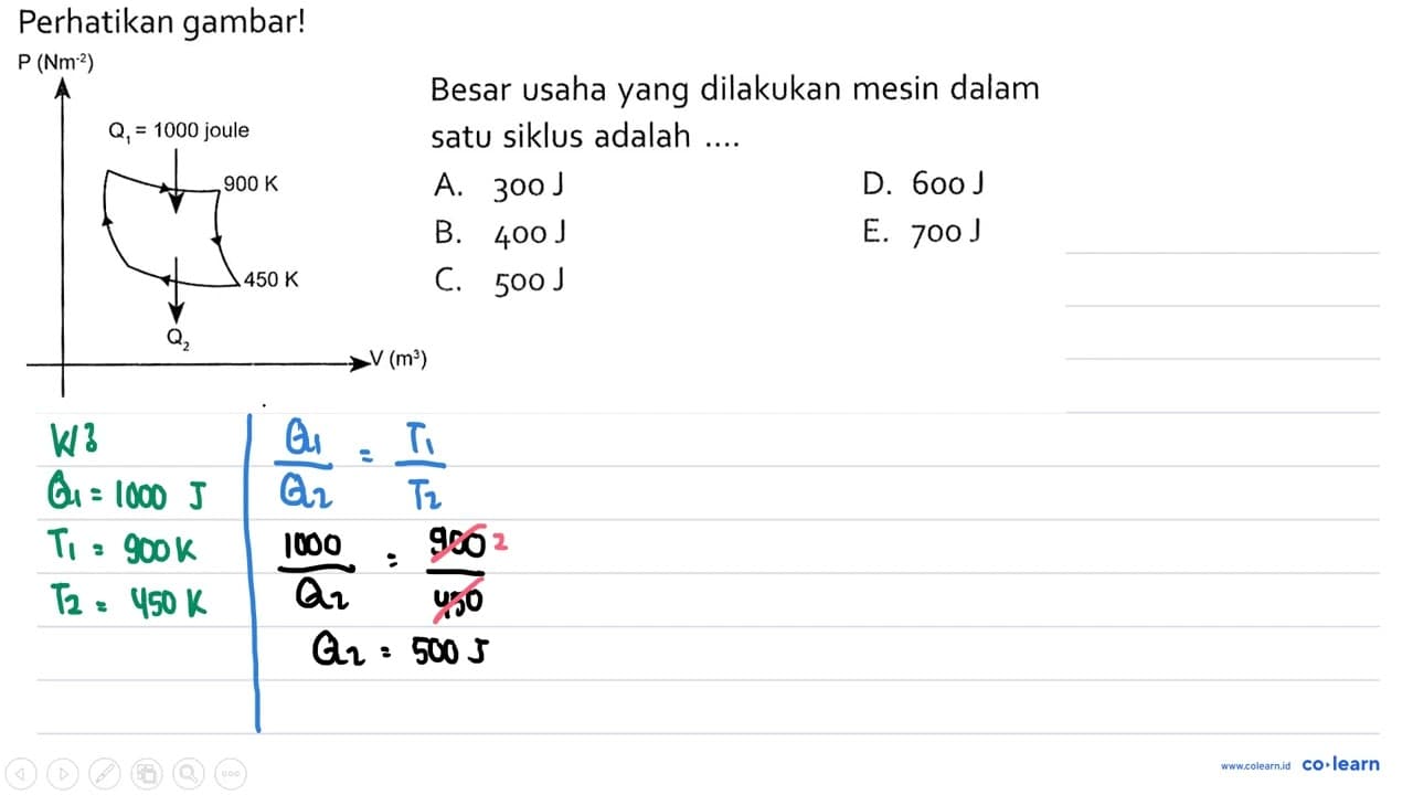 Perhatikan gambar! P(Nm^2) Q1=1000 joule 900 K 450 K