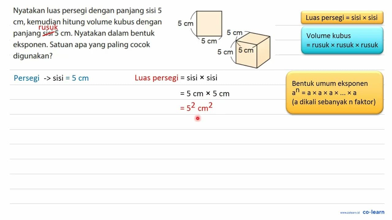 Nyatakan luas persegi dengan panjang sisi 5 cm, kemudian