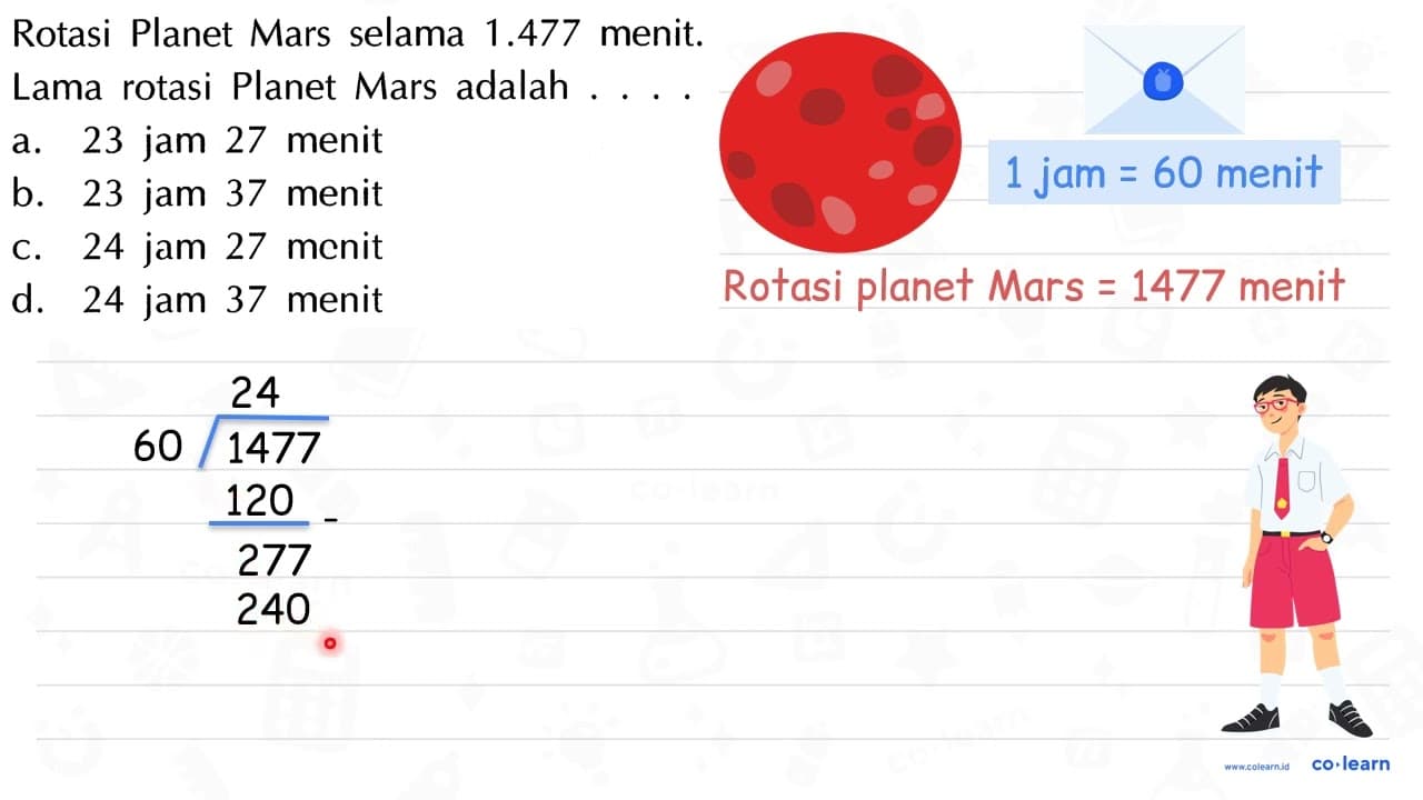 Rotasi Planet Mars selama 1.477 menit. Lama rotasi Planet