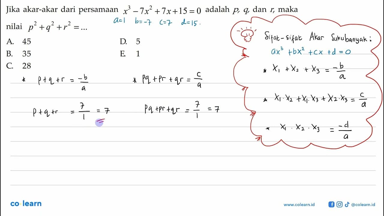 Jika akar-akar dari persamaan x^3-7x^2+7x+15=0 adalah p,q,